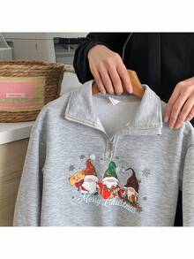 SHEIN Young Girl Solid Color Christmas Pattern Stand Collar Half-Zip Casual Sweatshirt Autumn Winter Clothes - Grey - View 6