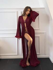 Aloruh This Lady's Autumn Anconita Red Dress Is Perfect For Halloween Costumes - A Sexy See-Through Mesh Lace Nightgown With Lace Trim. The Long Red Design Is Suitable For Both Vacation Wear And The Elegant Dressing Of Home-Based Women. It Can Also Be Used As A Nightgown Outerwear. - Burgundy - View 7