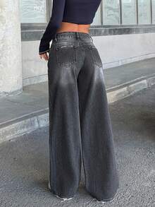 EURMUSE JEANS WIDE LEG FIT LOW WAIST CASUAL STYLE GREY WASHED - Medium Wash - View 1