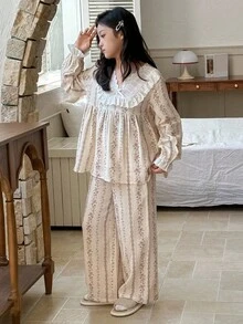 DAZY 女童碎花V领长袖睡衣套装 - 杏色 - 查看 3