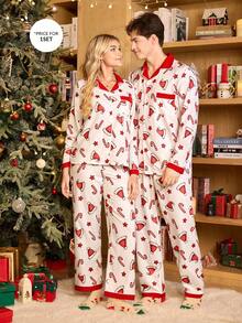 CoupledUp Men's Woven Christmas Themed Print Colorblock Long Sleeve Top & Trousers Pajama Set, Fall Winter Clothes