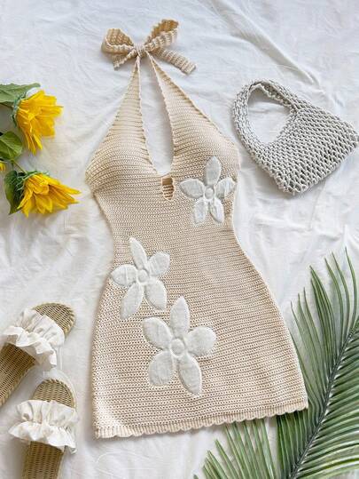  Soleia 女士度假露背系带镂空露背杏色花卉刺绣针织连衣裙，适合派对、晚会、性感、约会、海滩度假、夏季服装、假日约会、下午茶、海滩游轮度假、公路城市度假、波西米亚风度假、音乐节