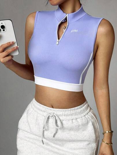 Dewbera Top deportivo corto de verano informal con cuello alto, bloqueo de color y parches