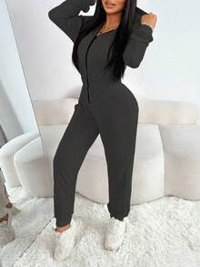 Eryvara Women's Autumn Long Sleeve Casual Color Block Drawstring Hooded Jumpsuit Fall Cloth For Women - Dark Grey - View 4