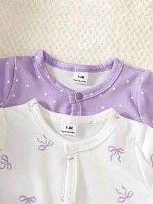 SHEIN 2pcs Newborn Baby Girl Autumn Outfit, Comfortable & Cute Bow Pattern Long Sleeve Jumpsuit Set, Suitable For Any Occasion Fall Winter - Mauve Purple - View 4