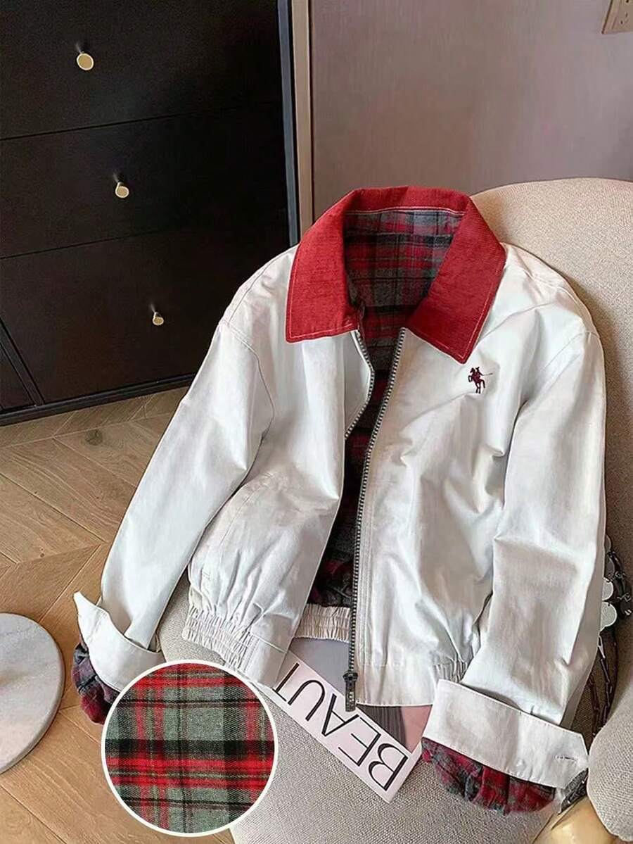 Airaco Women's Casual Retro Contrast Color Hollow Out Jacket, Christmas - White - View 1