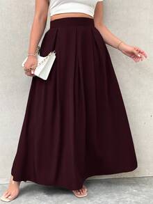 Firerie 加大码女式灰色高腰超长褶皱 A 字裙，带口袋，松紧腰带，秋季开学季 - 酒紅色 - 查看 5