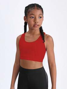 SHEIN Tween Girls' Solid Color Crossback Sports Tank Top - Red - View 4
