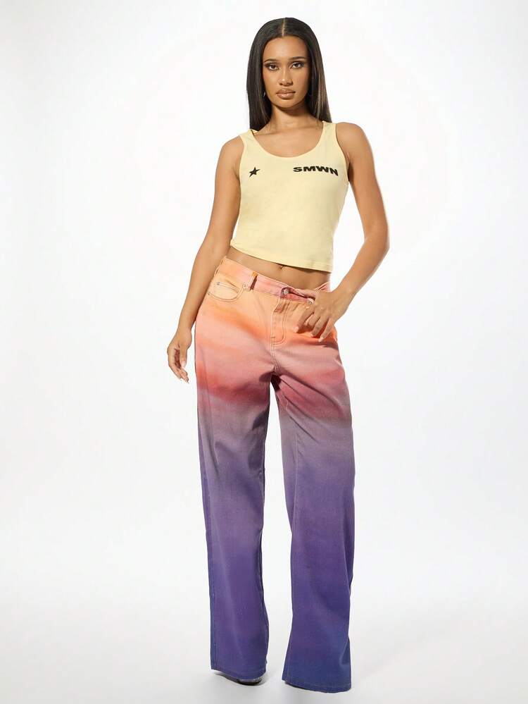 SUMWON WOMEN Ombre Gradientowe Dżinsy Baggy z Wysokim Stanem