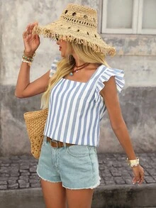 Brillora Striped Ruffle Trim Blouse - Blue and White - View 6