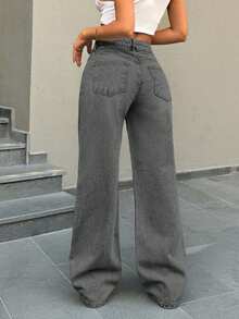 EURMUSE Low Waist Button Detailed Snow Wash Straight Cut Jean - Light Grey - View 2