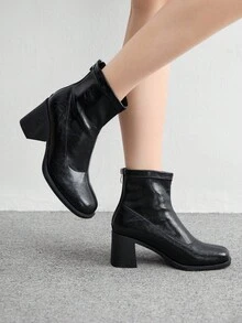 CUCCOO BIZCHIC Damen Mode Ankle Boots, Quadratische Zehenkappe Plateau-Absatz Design, Schwarze Elastische Ankle Boots, Rückverschluss Minimalistisches Design, Vielseitig für Röcke, Jeans, Mäntel, Geeignet für Herbst/Winter Outfits, Modeschauen, Pendeln, Stilvolle Damen Stiefeletten - Schwarz - Übersicht 4