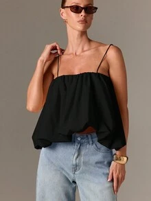 AiiRZ 棉质波西米亚褶皱吊带上衣，带灯笼下摆细肩带，夏季休闲飘逸宽松无袖基本款简约褶皱胸围短款上衣，节日装，海滩度假日常必备 - 黑色 - 查看 5