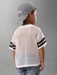 SUMWON Boys Crochet Mesh Varsity Number Knit Sweater Short Sleeve Breathable Summer Pullover Baseball Jersey Style Casual Top Streetwear Youth Fashion Fall Winter - Beige - View 2