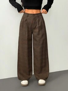 SHEIN PETITE Casual Vintage Pleated Plaid Suit Pants, Autumn And Winter Graduation,Back To School,Teacher Outfits For Women Baggy - Coffee Brown - View 9