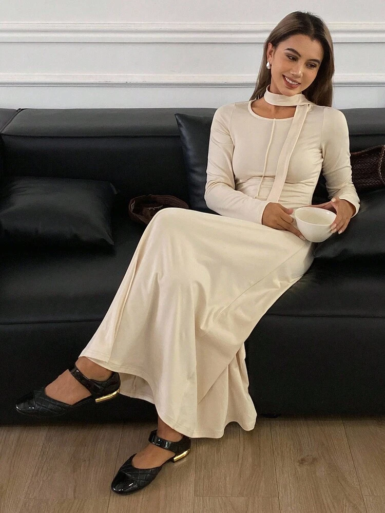 Solid Color Fitted A-Line Long Sleeve Dress, Elegant For Women, Autumn/Winter Maxi Dress