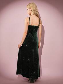 青少年天鹅绒长裙正式晚礼服闪亮露背连衣裙女童内衣高腰裙 - 綠色 - 查看 2