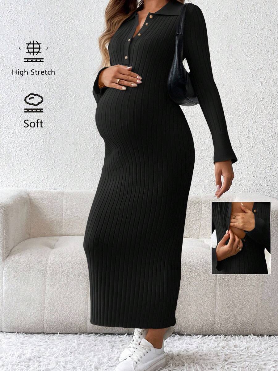 SHEIN Maternity Front Button Up Solid Color Casual Long Sleeve Sweater, For Winter