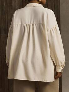 Linhara Damen Große Größen Gewebtes Patchwork Spitzenbesatz Regular Lässig Langarm Beige Bluse, Frühling/Herbst - Beige - Übersicht 2