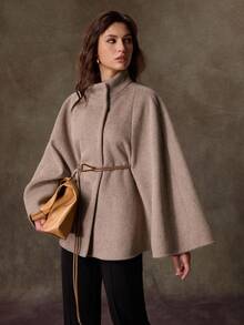 Lilora Women's Elegant Stand Collar Poncho Style Overcoat Autumn Winter - Brown - View 2