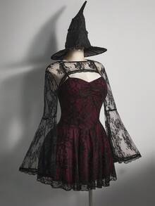 SHEIN ICON Váy ren phối màu cổ vuông cỡ lớn, váy dự tiệc Y2K tay loe, bộ hai mảnh ren nhún vai, trang phục Halloween - Màu Đỏ Sâu - Xem 3