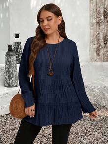 EMERY ROSE Áo cánh tay dài cổ tròn màu trơn cỡ lớn xếp ly tối giản, trang phục thường ngày, quần áo thu đông cho nữ - Màu xanh hải quân - Xem 3