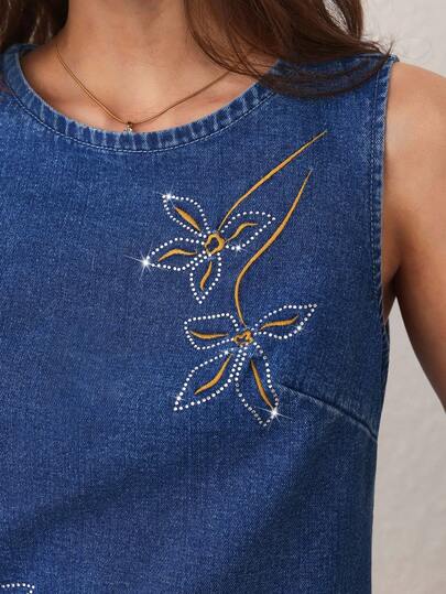 Selenza 女式夏季时尚花卉刺绣和水钻装饰牛仔衬衫