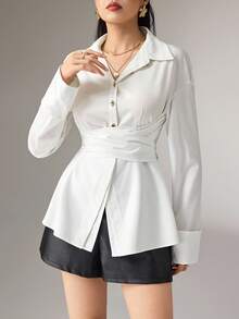 Heiryn Women's Elegant Commuter Solid Color Tie Waist Shirt - White - View 6