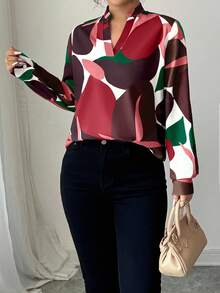 Elenzga 休闲商务简约百搭长袖宽松女士衬衫 - 酒紅色 - 查看 3