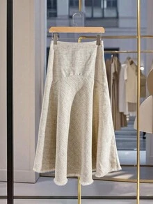 Modelyn 女士高腰毛边下摆优雅通勤裙 - 卡其色 - 查看 1