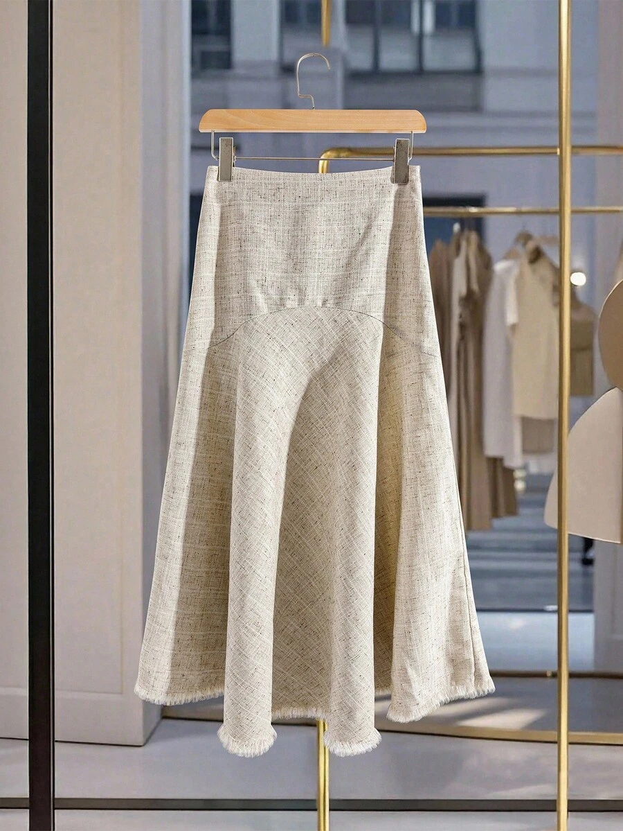 Modelyn 女士高腰毛边下摆优雅通勤裙 - 卡其色 - 查看 1