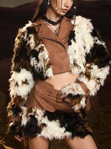 Easelle 女士时尚人造毛皮和 PU 撞色短款飞行员夹克