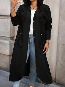 SHEIN PETITE CURVE Plus 双口袋落肩连帽大衣 - 黑色 - 查看 7