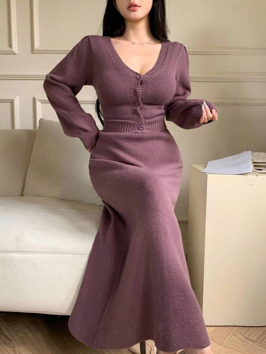 DAZY Damen Set aus einfarbigem, minimalistischem Langarm-Top und Rock, 2-teilig - Violett - Übersicht 1