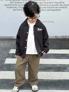 Genkimix Kids 2pcs/Set Young Boy Letter Print Long Sleeve Shirt And Loose Fit Pant, Boys Fashion Outfit Korean, Autumn Fall Winter - Black - View 3