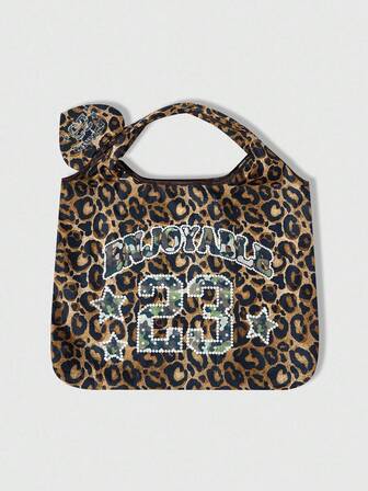 Grunge Punk Fashionable Leopard Print Numeric Pattern Large Capacity Foldable Tote Bag With Coin Purse, Portable Shopping Bag
