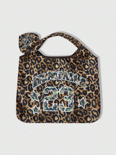 Grunge Punk Bolso de mano plegable con estampado de leopardo y patrón numérico, de gran capacidad, con monedero. Bolsa de compras portátil de moda