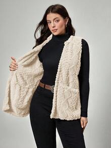 SHEIN LUNE 大码女式休闲毛绒纹理双口袋前开背心，适合秋季大码秋装 - 米色 - 查看 3