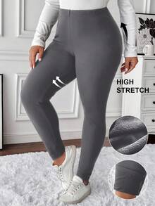SHEIN LUNE Quần legging giữ nhiệt lót nỉ màu trơn cỡ lớn cho nữ Quần legging ôm vừa vặn Quần legging giữ ấm Quần legging cho nữ Quần legging ấm áp Quần legging lót nỉ Quần legging giữ nhiệt/Quần legging ôm mùa đông - Màu xám đen - Xem 7