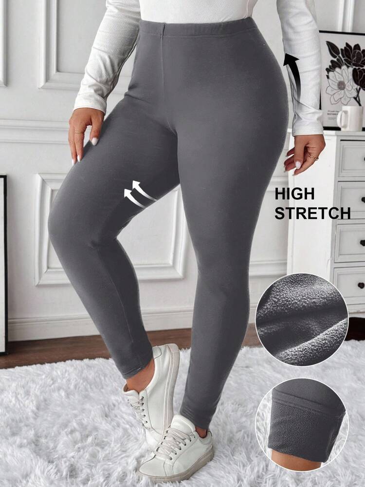 Plus Size Women Solid Color Slim Fit Warm Thermal Lined Leggings Slim Fit Leggings Warm Leggings Leggings For Women Cozy Leggings Thermal Lined Leggings Thermal Leggings/Winter Slim Leggings