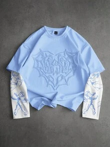 PAVTROS 男士街头风流行INS同款天使丘比特印花刺绣爱心图案T恤，户外音乐节，夜店酒吧，男友/老公礼物，周年纪念礼物 - 彩色 - 查看 5