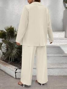 Elenzga Plus Size Women Solid Color Single-Button Blazer & Pants Suit - Apricot - View 2