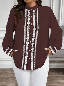 EMERY ROSE Áo sơ mi dài tay cổ và tay áo viền màu tương phản cỡ lớn mặc thường ngày/đi làm - màu nâu - Xem 3