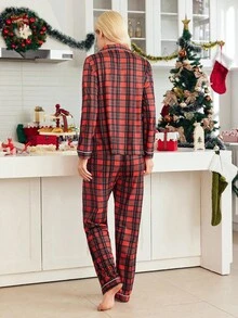 2 pezzi Set pigiama natalizio a quadri comodo per tutta la famiglia, top a maniche lunghe e pantaloni, con bottoni, adatto per abbigliamento casual e da uscita, donna, outfit caldo, abbigliamento autunno inverno