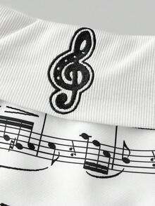 ROMWE J-Fashion Quần short cạp trễ in họa tiết nốt nhạc cổ điển Y2K dành cho nữ, Thu/Đông - Đen và trắng - Xem 3