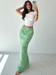 Firerie 优雅亮片刺绣美人鱼裙，亮片装饰女士 A 字裙，简约时尚，适合休闲日和派对舞会，奢华女士婚礼季节，优雅亮片刺绣修身低腰长款薄荷绿裙子，低腰亮片长裙 - 薄荷色蜜月女士婚礼宾客海岛度假造型毕业 - 綠色 - 查看 10