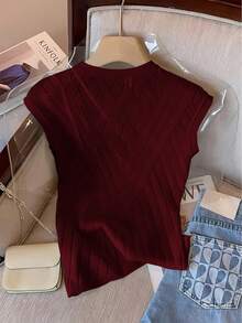 GlowEve Women's Solid Color Round Neck Button Decor Casual Versatile Knit Top