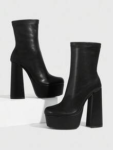 CUCCOO SZL 女士黑色方头粗跟防水厚底弹力简约风派对侧拉链踝靴，适合圣诞节穿着 - 黑色 - 查看 3