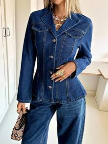 Siren Gaze 女士深蓝色牛仔外套，长袖高腰大衣，复古富贵风，INS风办公室穿搭，秋季冬季外套 - 深色水洗藍 - 查看 3