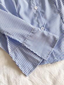 少女时尚修身条纹喇叭袖衬衫，适合秋冬穿着，休闲，街头，外出，可搭配牛仔裤，运动裤，夹克 - 藍色 - 查看 3